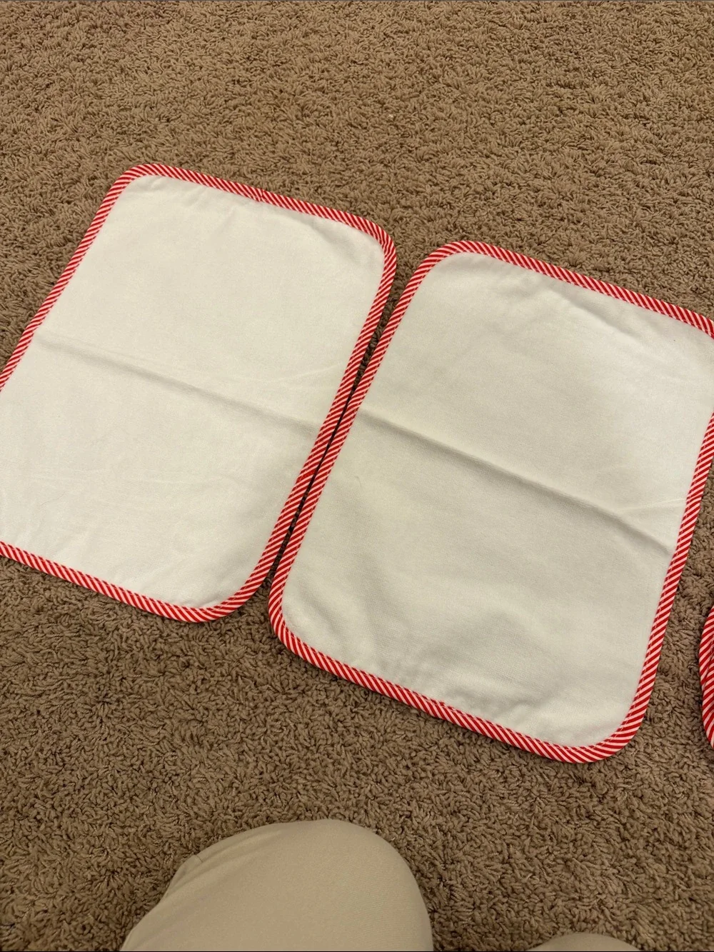 White Baby Bibs & Washcloth Set with Red and White striped trim